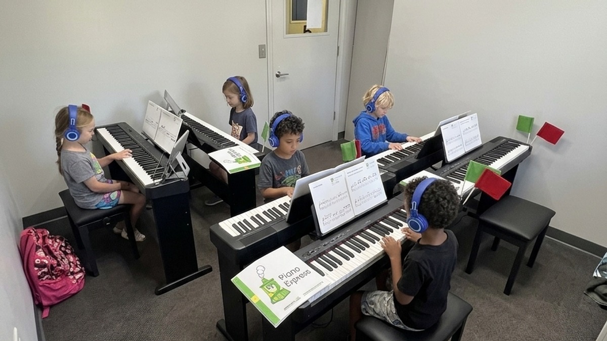 Group Piano class with students playing digital pianos together wearing headphones
