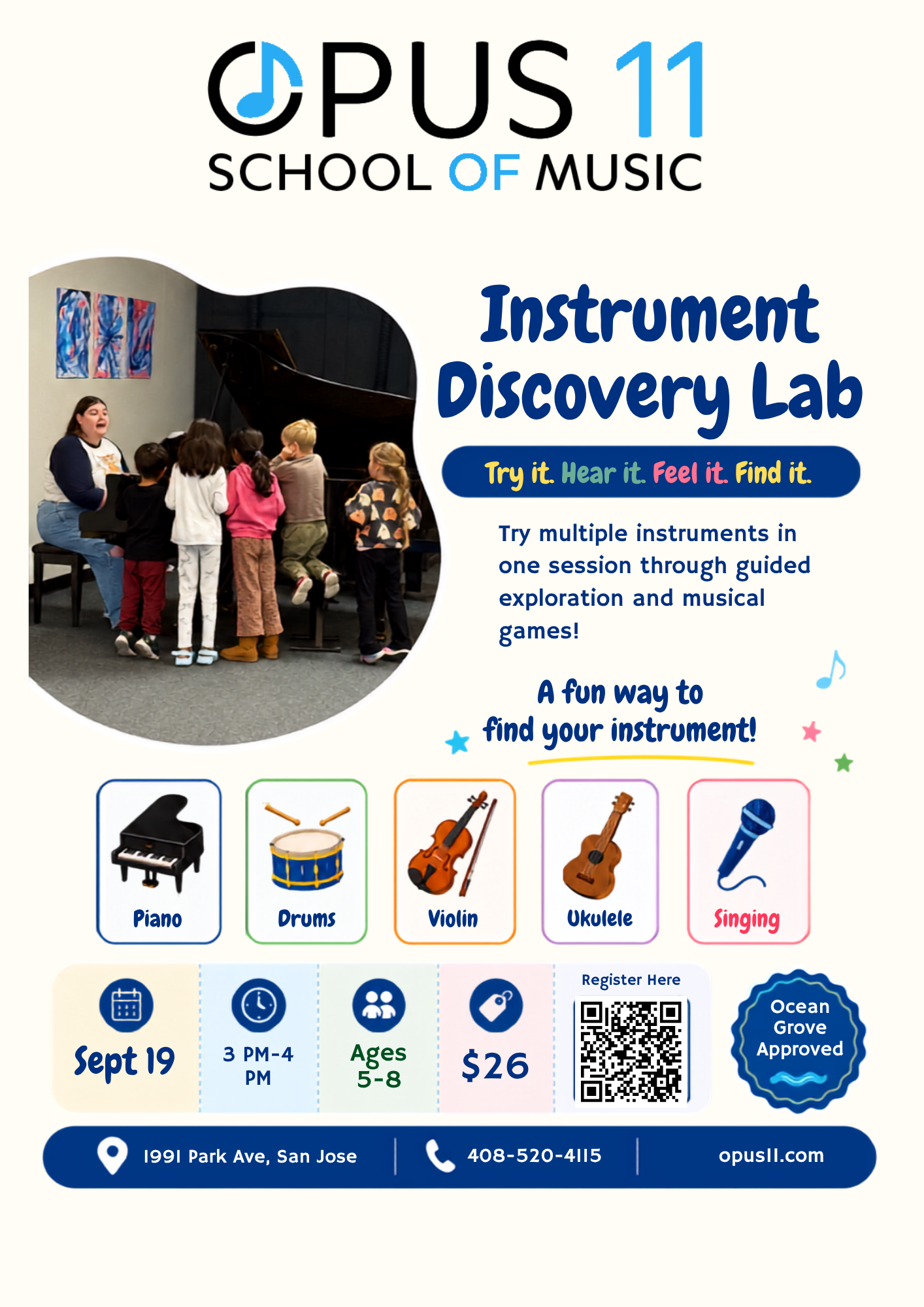 Instrument Discovery Lab flyer at Opus11 School of Music