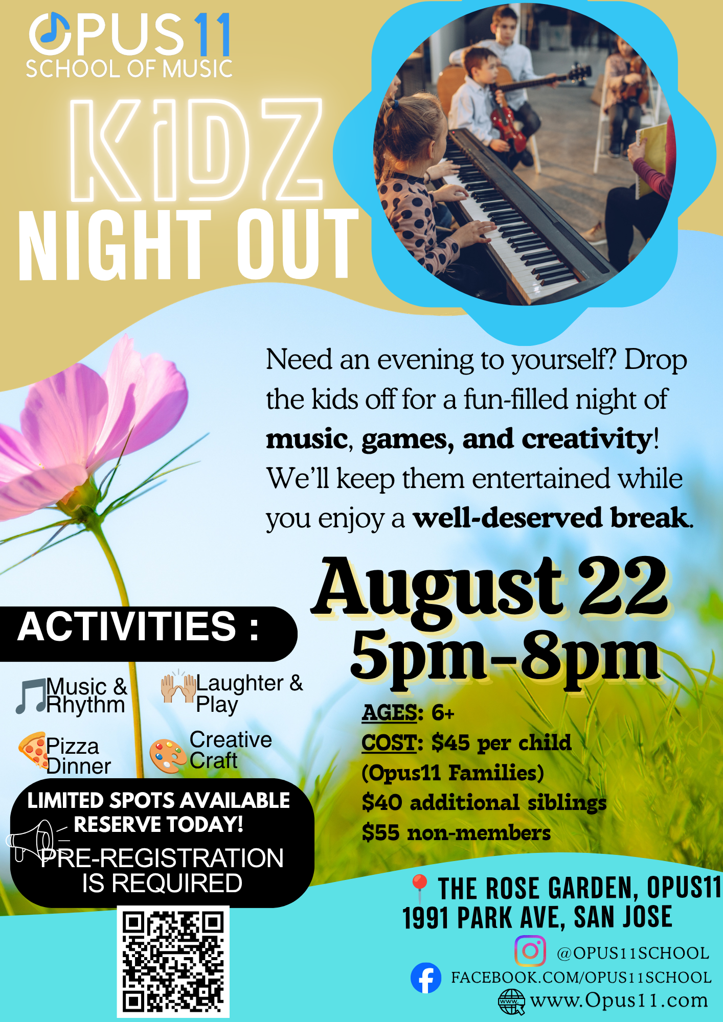 Kidz Night Out flyer at Opus11 School of Music